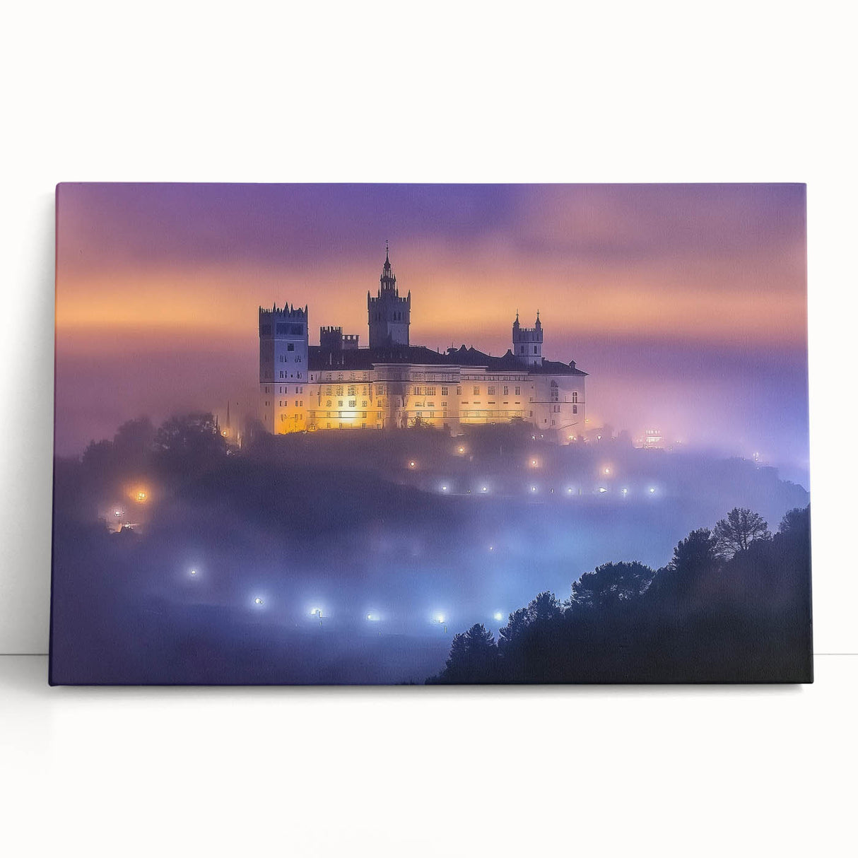 Stretched canvas artwork showcasing a picturesque landscape with a majestic castle, surrounded by lush greenery and a serene sky, perfect for home decor.