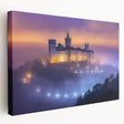 Stretched canvas artwork showcasing a picturesque landscape with a majestic castle, surrounded by lush greenery and a serene sky, ideal for home decor.