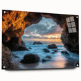 Acrylic glass artwork showcasing a vibrant landscape with caves, displayed from a side view and secured with pins. Ideal for modern home decor and art enthusiasts.