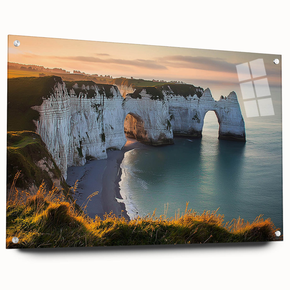 Acrylic landscape artwork showcasing a dramatic cliffside view, framed in glass, featuring vibrant colors and intricate details, ideal for modern decor.