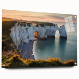 Acrylic landscape artwork showcasing a dramatic cliffside view, framed in glass, featuring vibrant colors and intricate details, ideal for modern decor.