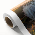 Vibrant rolled canvas artwork depicting a stunning cliff landscape, showcasing rich colors and intricate details, perfect for home decor or art enthusiasts.