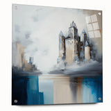 Abstract architectural wall art displayed in a side view, featuring vibrant colors and geometric shapes, set against a sleek acrylic glass surface with visible mounting pins. Perfect addition to modern home decor.