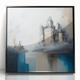 Framed acrylic wall art showcasing an abstract architectural design with bold geometric shapes in black and white, perfect for modern home decor.