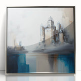 Framed abstract architecture wall art featuring silver and gray tones, showcasing intricate geometric patterns that enhance modern decor in any space.