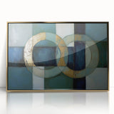 Framed abstract geometric art piece with a gold-acrylic finish, showcasing intricate patterns and vibrant colors, ideal for modern home decor.