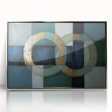 Framed acrylic artwork showcasing an abstract geometric design in silver tones, perfect for modern decor. This visually striking piece adds elegance to any space.