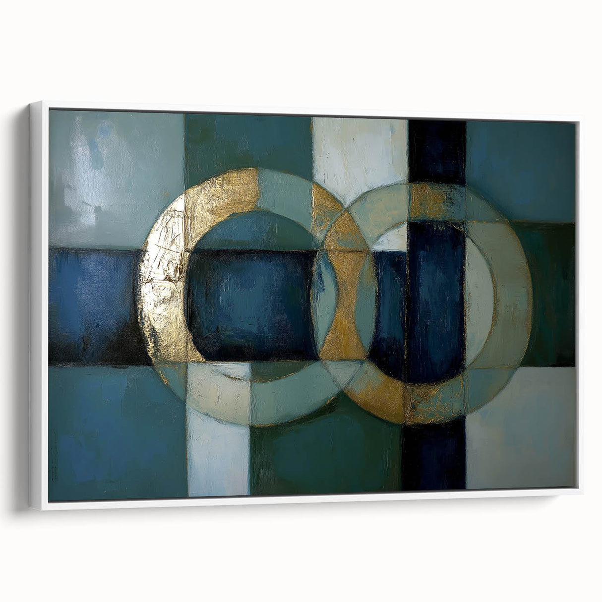 Framed abstract geometric canvas art in white, showcasing dynamic shapes and lines. Ideal for modern decor, adding a contemporary touch to any room.