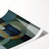 Abstract geometric rolled print showcasing vibrant blue, orange, and yellow shapes, elegantly packaged in a protective cardboard tube, perfect for modern home decor.