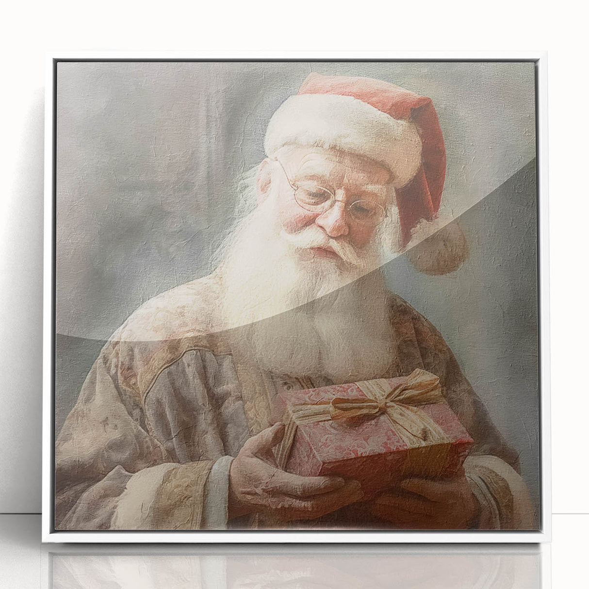 Holiday Decor Prints - Santa with Wrapped Gift Festive Christmas Art