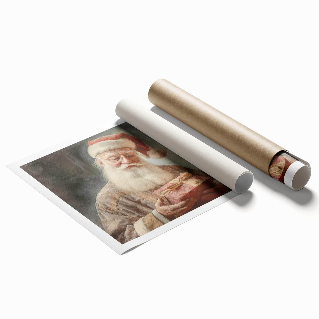 Holiday Decor Prints - Santa with Wrapped Gift Festive Christmas Art