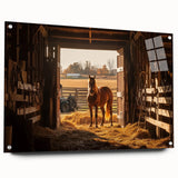 Acrylic glass artwork displaying a landscape barn scene, viewed from the side, highlighting vibrant colors and intricate details, ideal for rustic home decor.