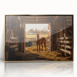 Elegant landscape barn framed in gold acrylic, showcasing a vibrant countryside scene with lush greenery and a serene sky, perfect for home decor.