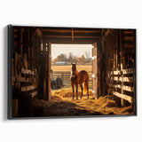 Black-framed landscape barn canvas art showcasing a rustic scene with vibrant colors, perfect for home decor or farmhouse aesthetics, viewed from the side.