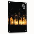 Acrylic glass artwork of a serene countryside landscape, showcasing vibrant green fields and a clear blue sky, presented from a side view with decorative pins.