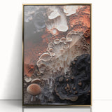Large art print featuring abstract natural elements in muted earth tones, framed in gold acrylic.