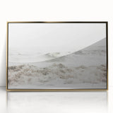 Large art print featuring a mid-century modernist summer scene in muted gold and green tones, acrylic framed.