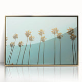 Large art print of a mid-century modernist summer scene in vibrant gold and blue tones on acrylic.