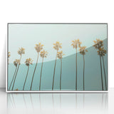Art deco poster featuring a stylized summer scene in pastel shades on a white acrylic framed print.