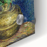 Large abstract wall art on acrylic glass featuring swirling shades of blue and yellow, ideal for dining room ambiance.