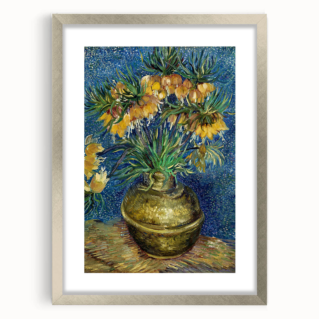 Extra large abstract art print featuring textured swirls in vibrant blue and yellow tones on a framed canvas.
