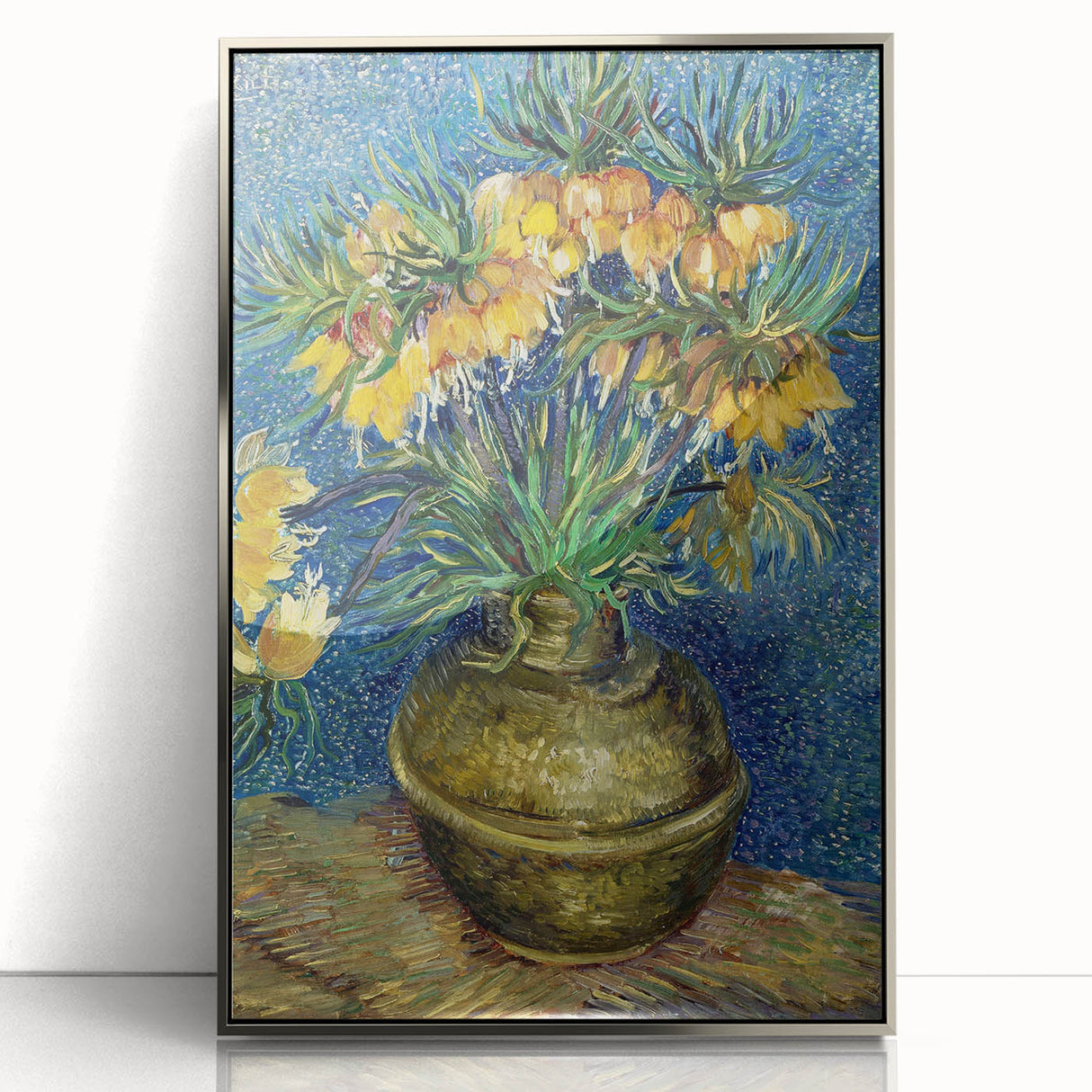 Large acrylic print of Van Gogh-inspired artwork in silver frame, featuring bold colors, ideal for modern art wall decor.