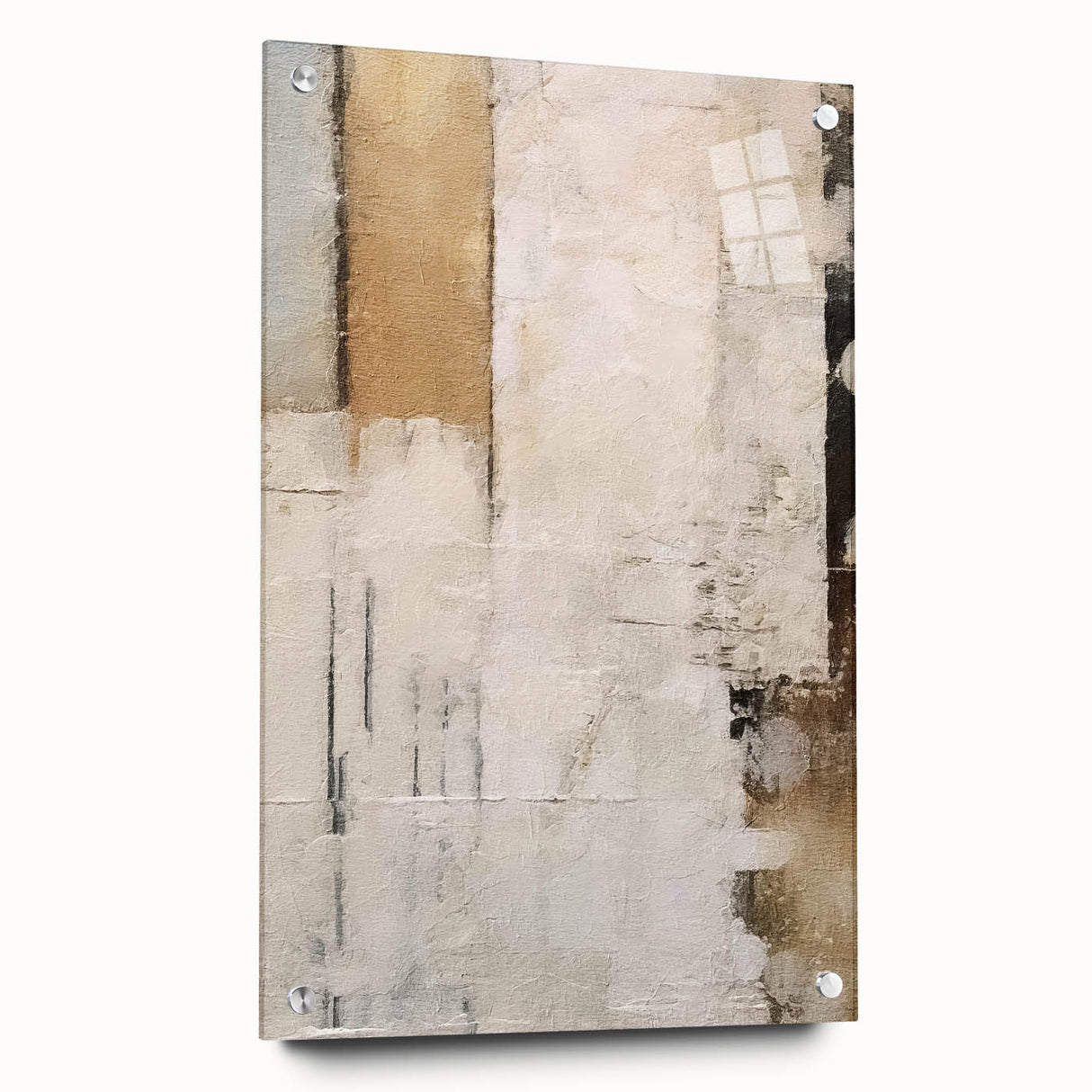 Abstract wall art design featuring colorful strokes on acrylic glass, showcasing a side view with visible pins for mounting. Ideal for modern decor and artistic expression.