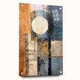 Abstract wall art featuring colorful strokes in shades of blue, pink, and yellow, displayed in an acrylic glass frame with metal pins, ideal for modern decor.
