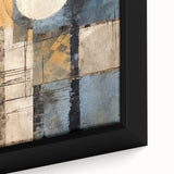 Close-up of a framed canvas wall art piece showcasing vibrant abstract strokes in blue, yellow, and red, adding a modern touch to any decor.