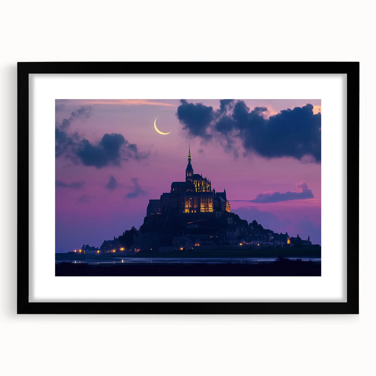 Framed landscape artwork featuring a majestic castle scene, set against a serene backdrop with vibrant colors, presented in a sleek black frame with a white mat for an elegant look. Ideal for home decor or as a statement piece in any room.