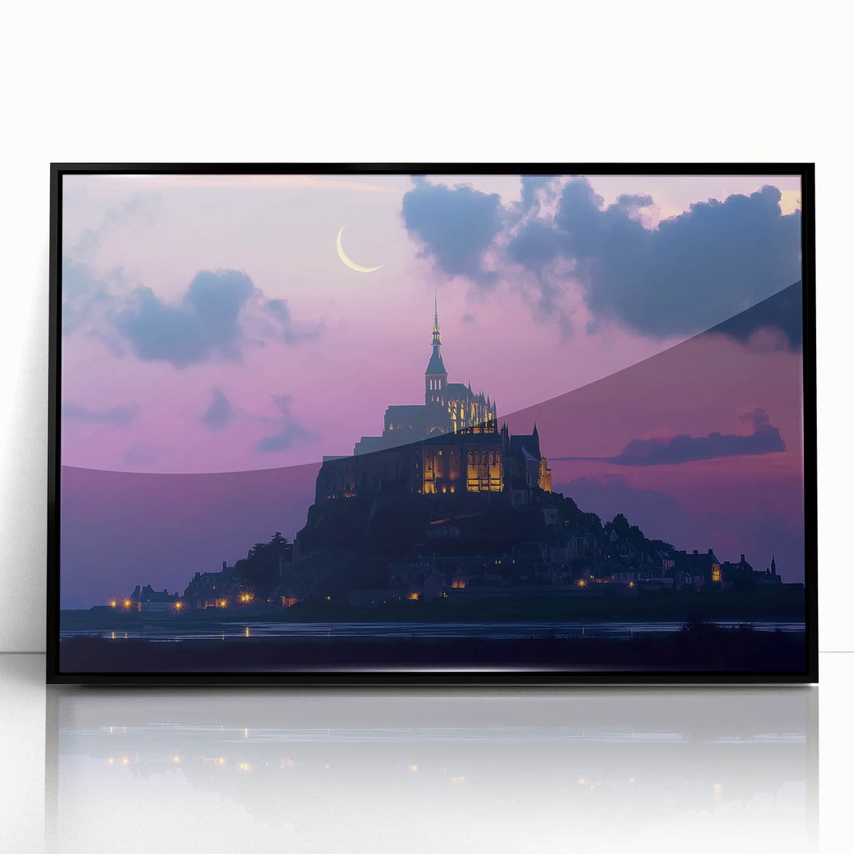 Framed acrylic artwork displaying a stunning landscape with a majestic castle, presented in a sleek black frame, perfect for enhancing home decor.