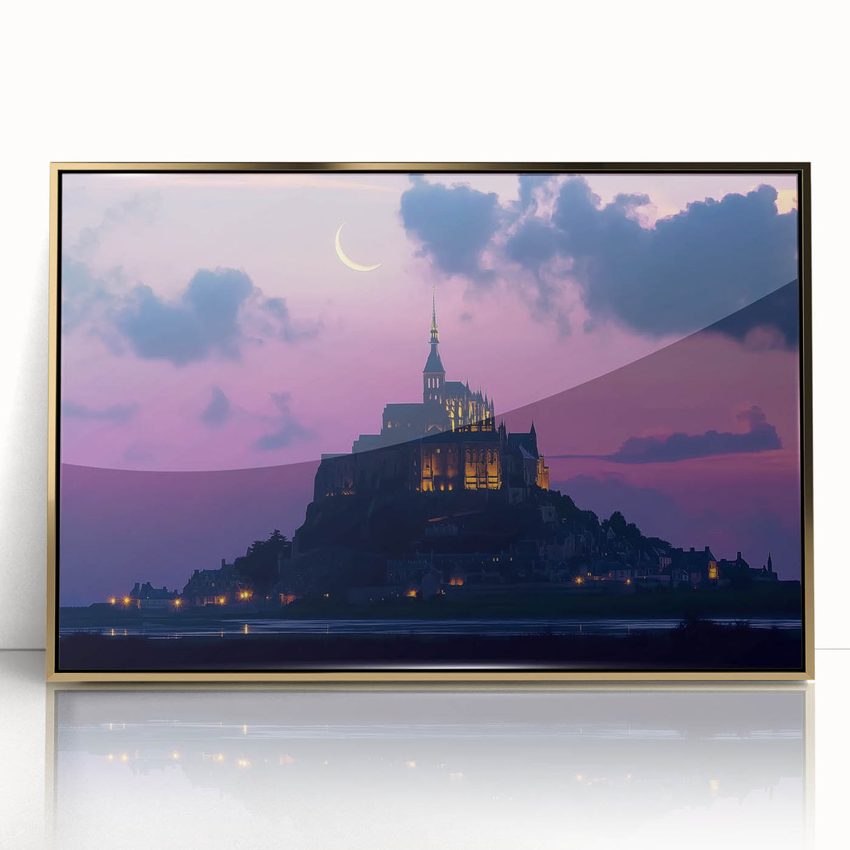 Framed acrylic artwork showcasing a vibrant landscape featuring a majestic castle, set against a serene backdrop of lush greenery and a clear blue sky, perfect for home decor.