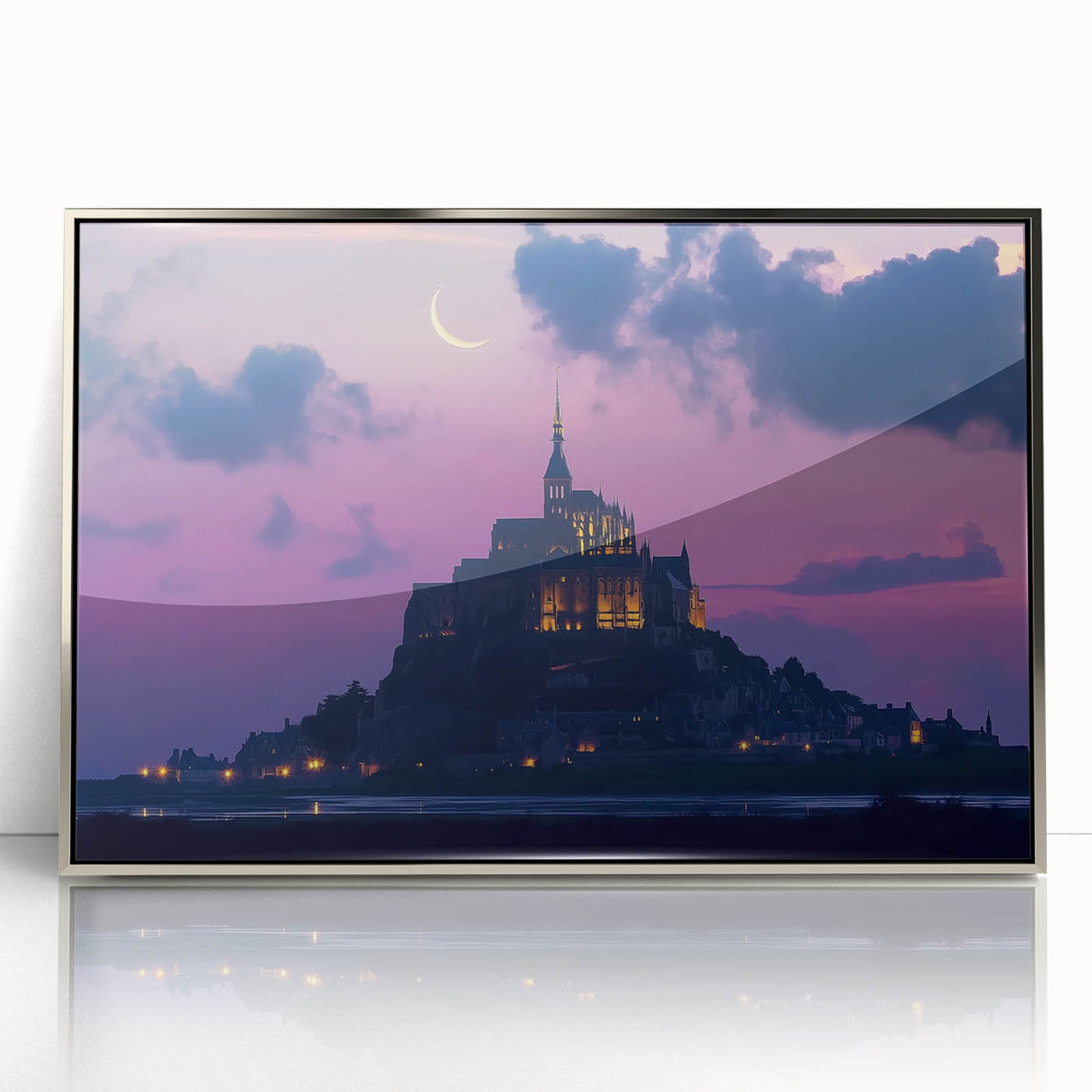 Framed acrylic artwork showcasing a majestic castle landscape in silver tones, ideal for home decor, enhancing elegance and sophistication in any room.