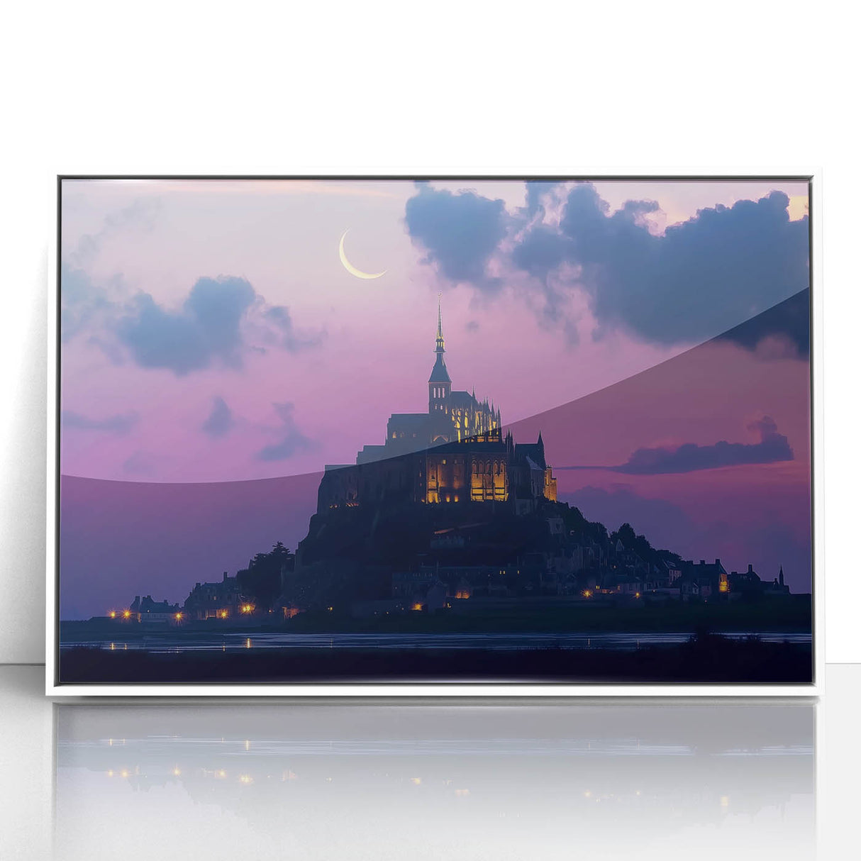Framed acrylic artwork depicting a serene landscape with a majestic castle, set against a vibrant blue sky, perfect for home decor enthusiasts seeking elegance.