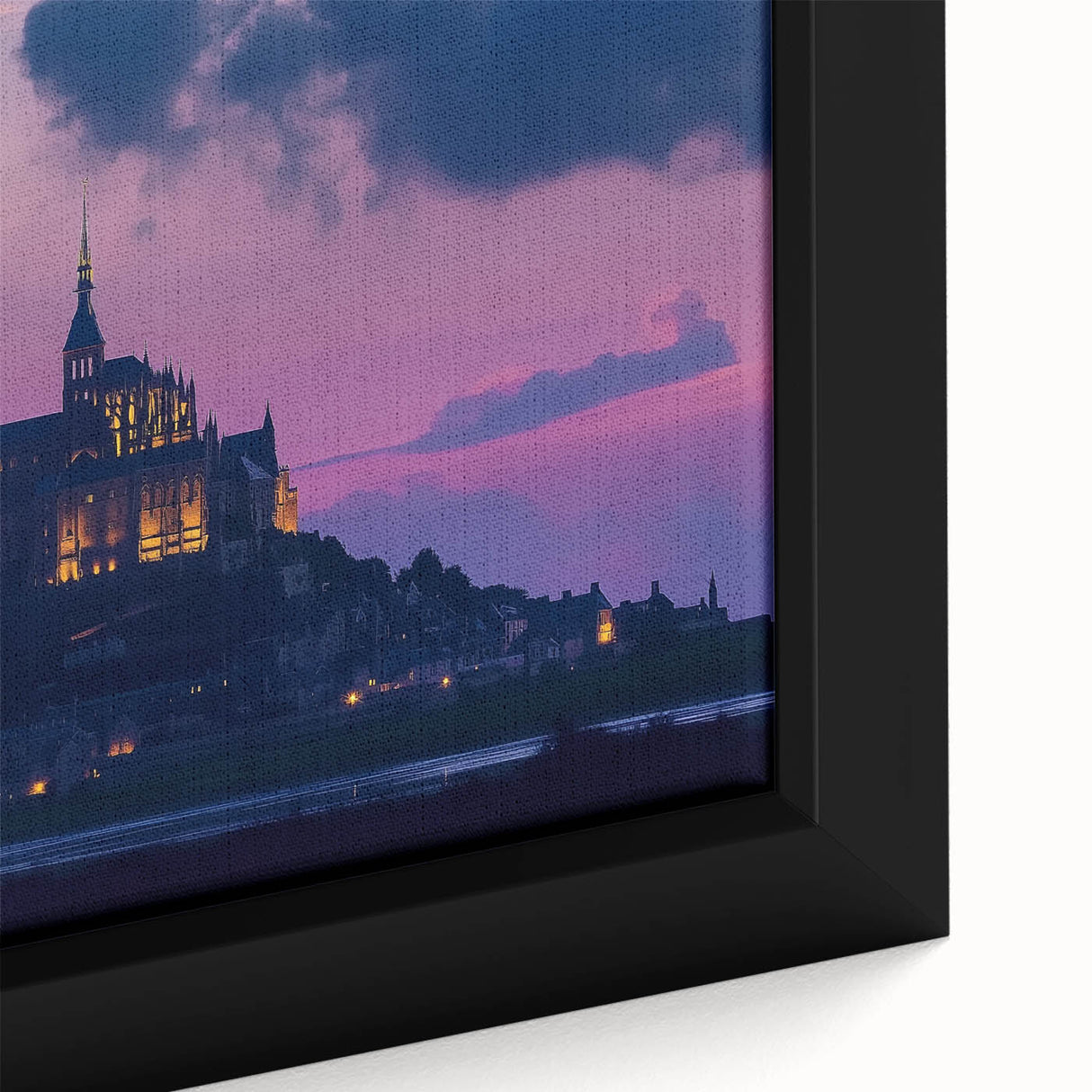 Close-up of a framed canvas artwork depicting a serene landscape with a majestic castle, showcasing vibrant colors and intricate details, ideal for home decor.