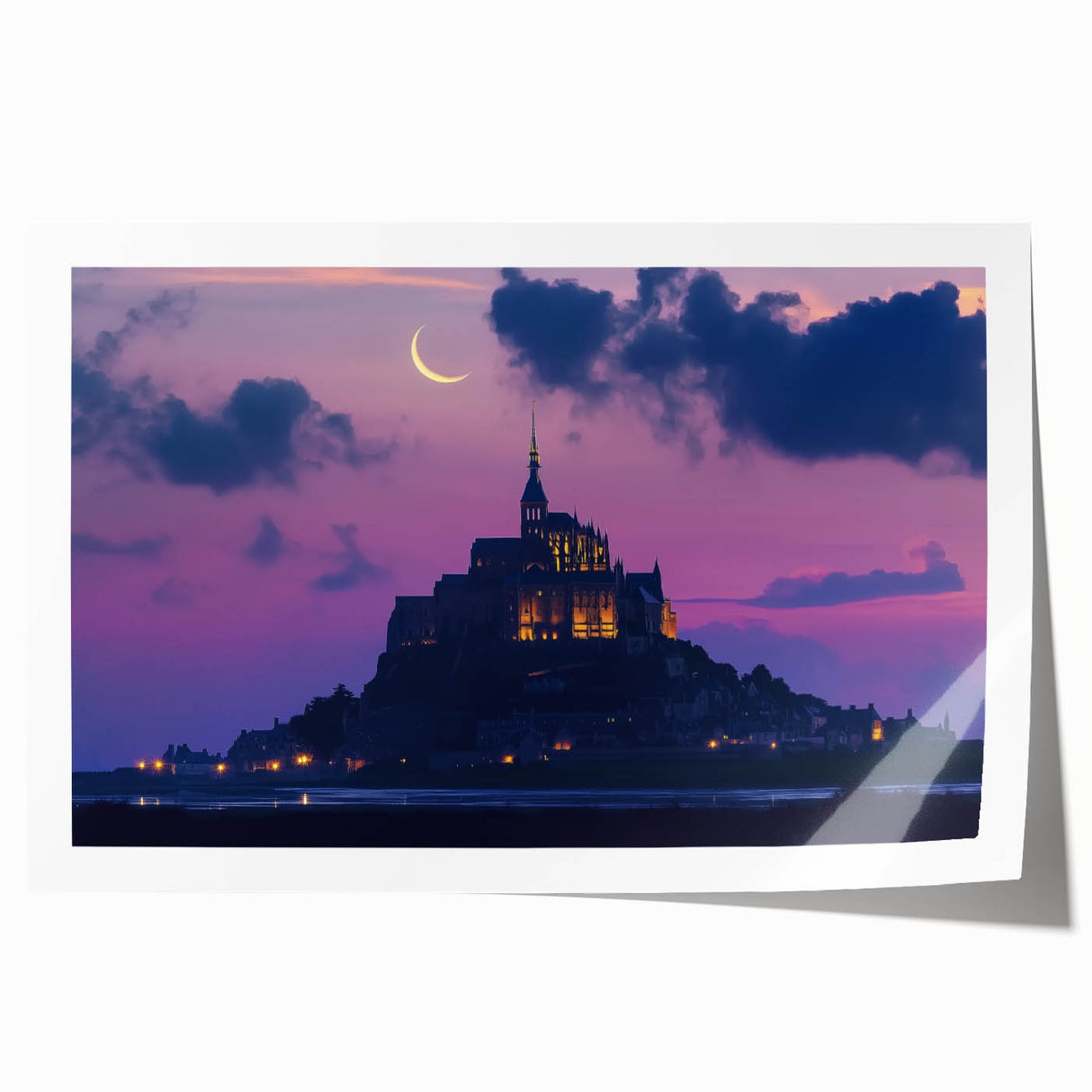 Rolled print showcasing a vibrant landscape featuring a majestic castle surrounded by lush greenery and a clear blue sky, ideal for home decor enthusiasts.