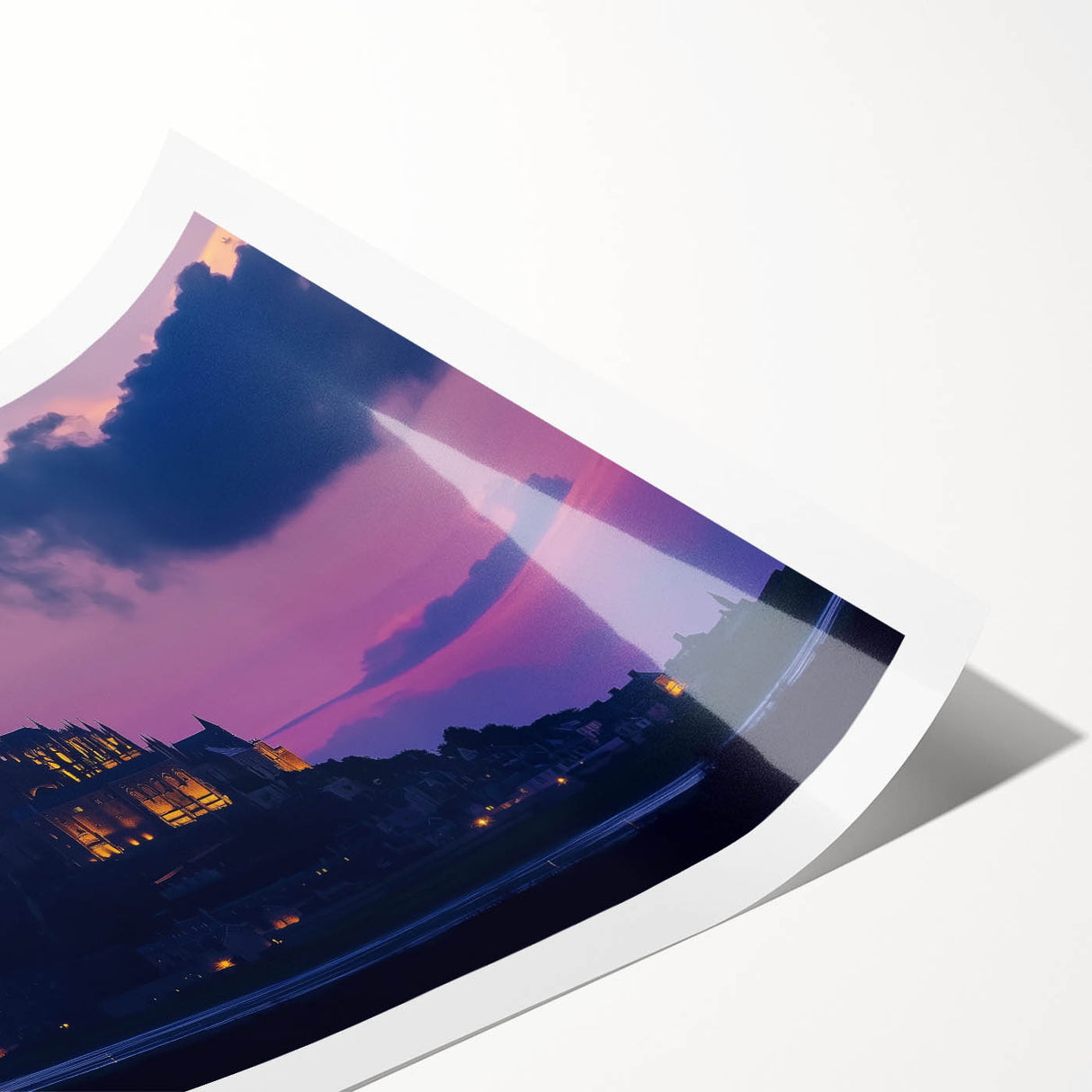 Vibrant rolled print showcasing a picturesque landscape with a majestic castle surrounded by lush greenery, elegantly packaged in a protective cardboard tube. Perfect for home decor enthusiasts seeking unique wall art.