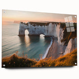 Acrylic glass artwork showcasing a vibrant landscape view of cliffs, elegantly displayed with pins on a wall, perfect for modern home decor.