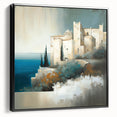 Framed canvas wall art depicting an abstract architectural design in black, showcasing a modern aesthetic suitable for contemporary decor. The artwork's side view highlights its sleek frame and textured surface, enhancing its appeal for stylish interiors.