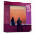 Abstract figurative wall art made of acrylic glass, showcasing vibrant colors and dynamic shapes, displayed from a side view with decorative pins for mounting.
