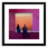Abstract figurative wall art in a black frame with a mat, showcasing vibrant colors and dynamic shapes. Perfect for modern home decor, enhancing any living space.