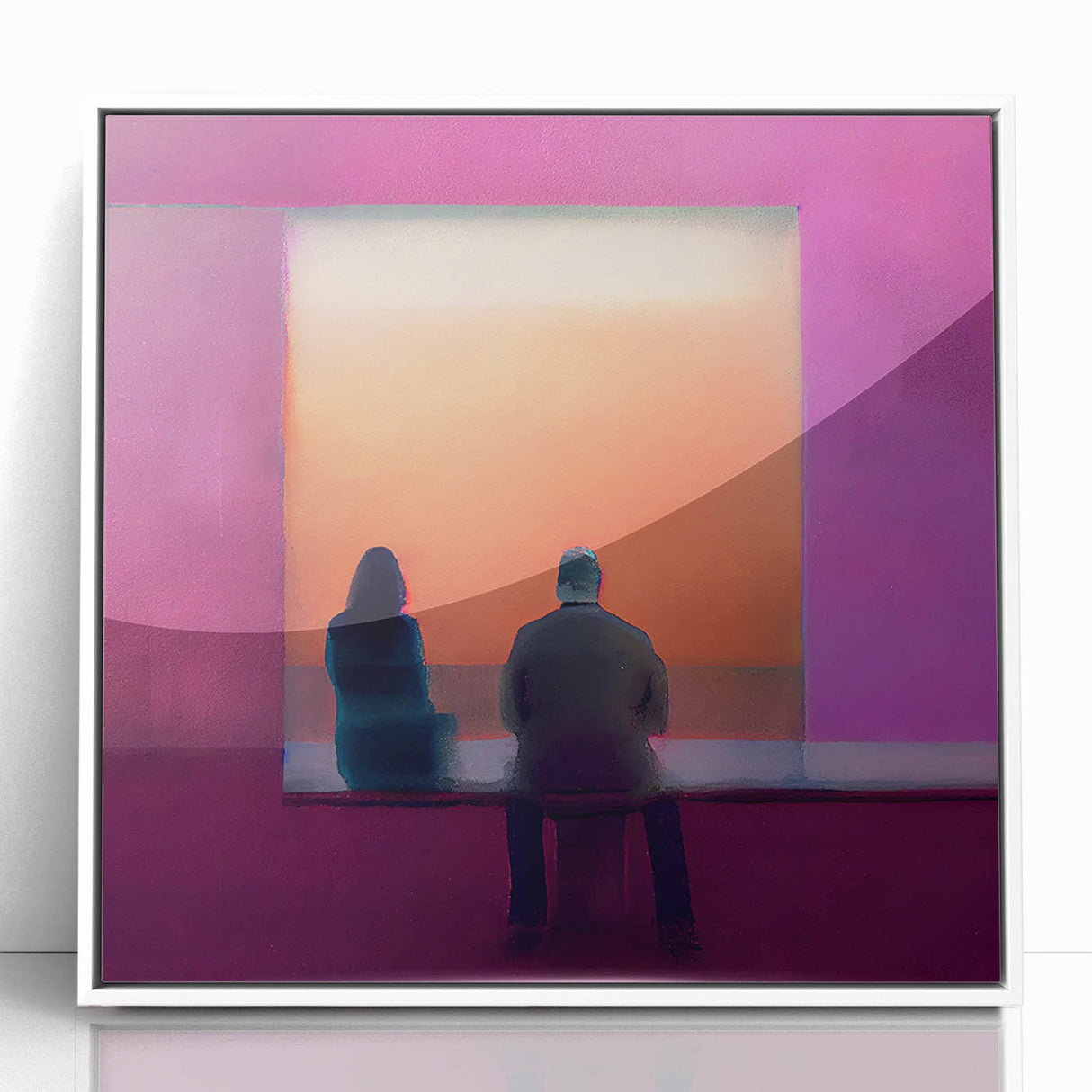 Abstract figurative wall art framed in white acrylic, showcasing vibrant colors and dynamic shapes, perfect for modern home decor or office aesthetics.