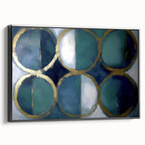 Abstract geometric framed canvas artwork showcasing bold black and white patterns, angled view highlighting the sleek frame, perfect for modern decor.