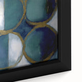 Close-up of an abstract geometric framed canvas showcasing vibrant colors and intricate shapes, perfect for modern home decor and artistic expression.