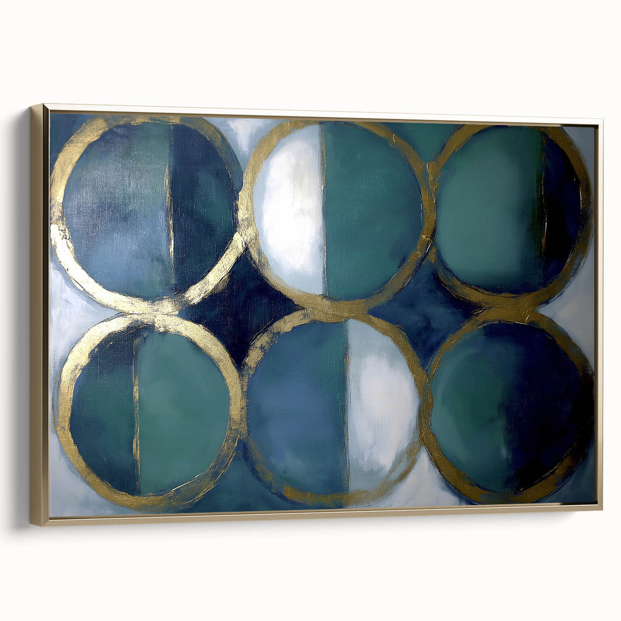 Abstract geometric framed canvas artwork showcasing a gold and white design, elegantly displayed from a side view, perfect for modern home decor.