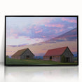 Framed acrylic artwork showcasing a landscape design with a barn, featuring a sleek black frame. Perfect for rustic home decor or art enthusiasts.
