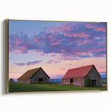 Elegant barn-themed landscape canvas print framed in gold, showcasing vibrant colors and intricate details, ideal for rustic home decor and wall art enthusiasts.