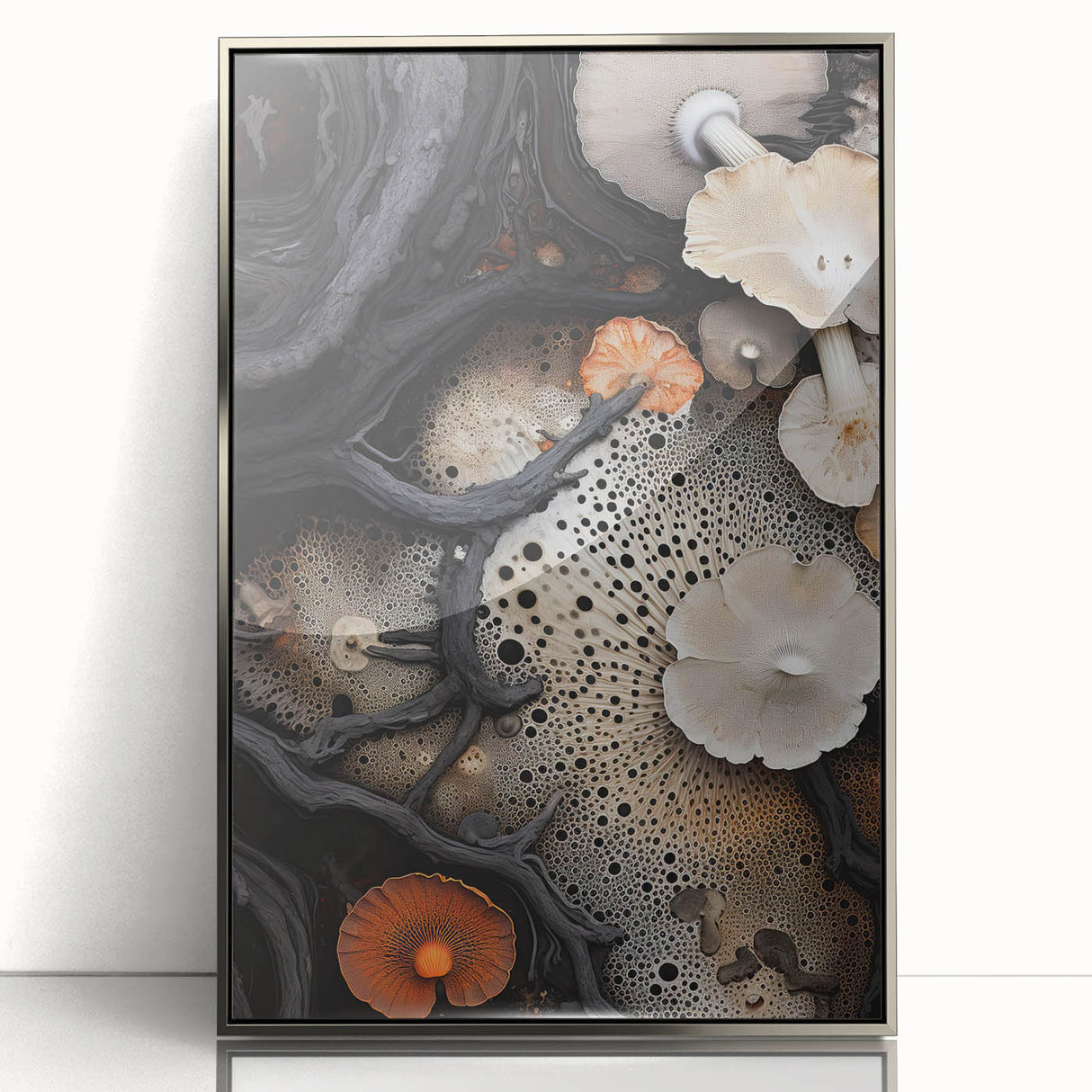 Mid-century modernist art featuring abstract shapes in muted gray, blue, and silver on a framed acrylic print.