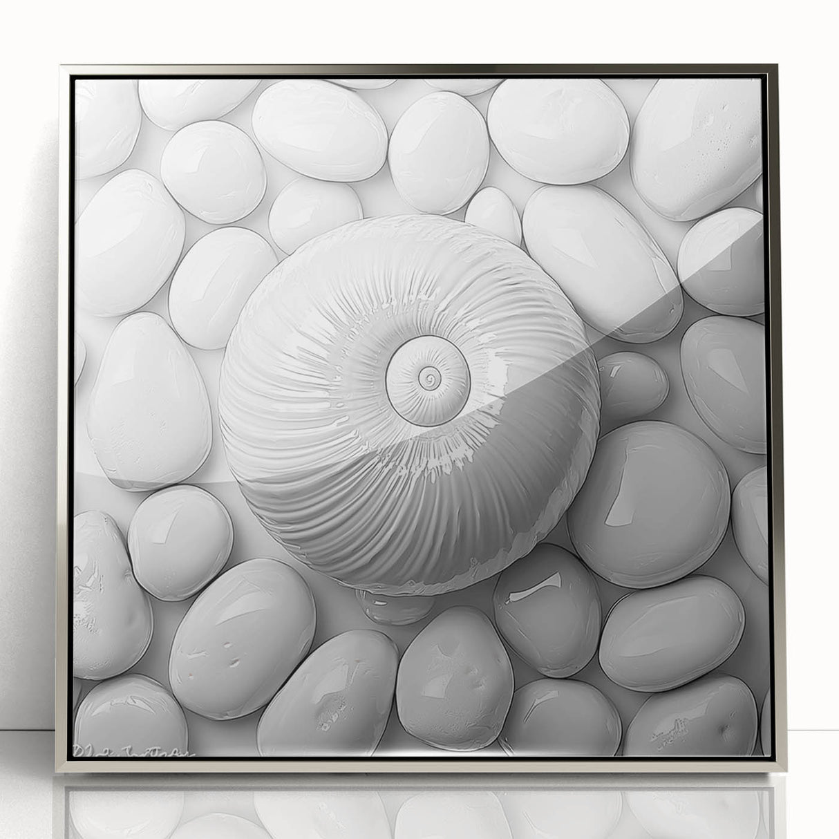 Mid-century modernist art featuring close-up nature elements in silver-framed acrylic, ideal for nursery wall art.
