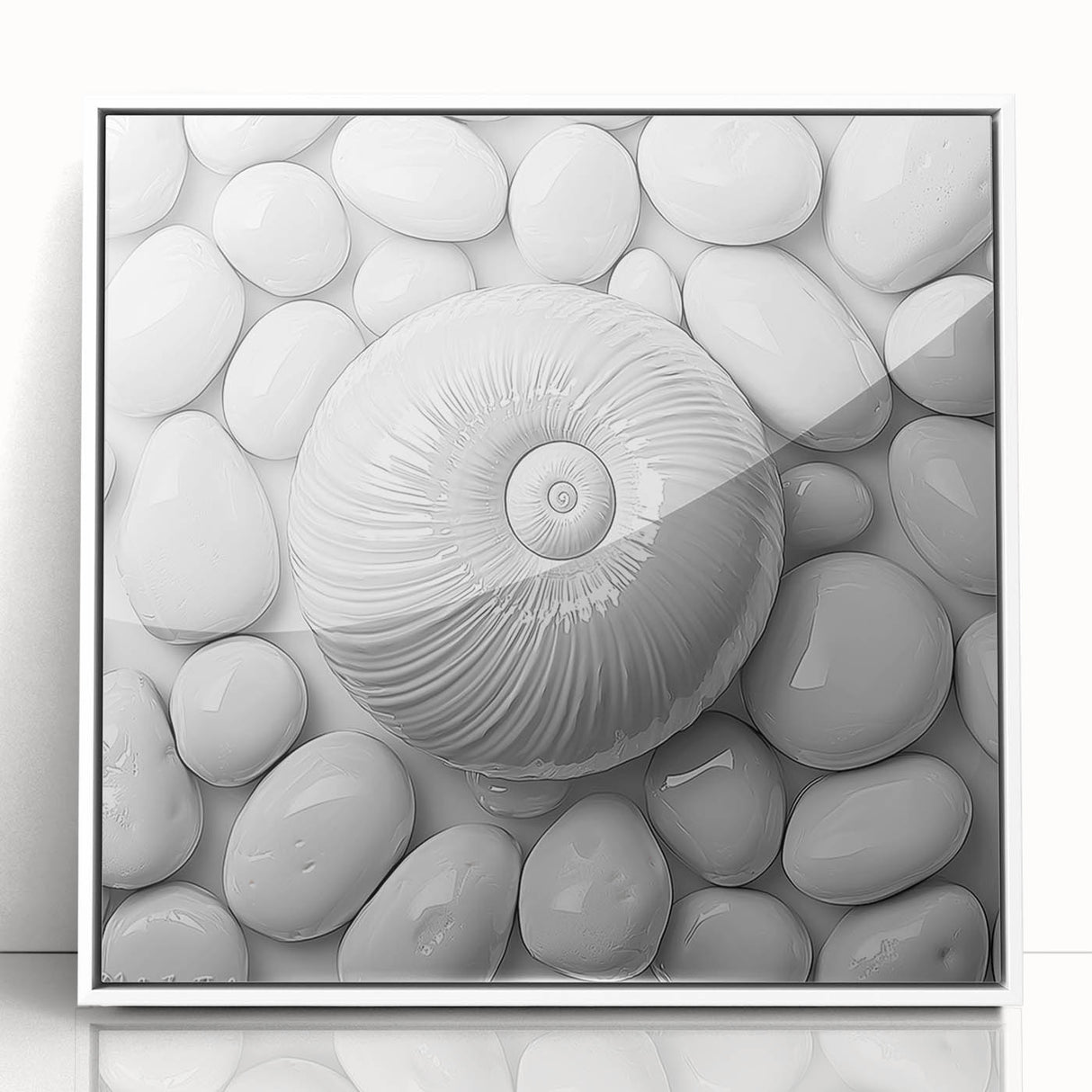 Art deco poster featuring close-up nature elements in muted green and white tones, acrylic print framed in white.
